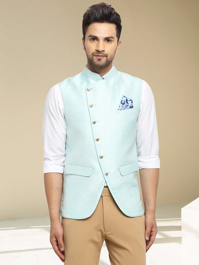 Blue Plain Cotton Stitched Nehru Jacket And Trousers - Hangup - 3022260